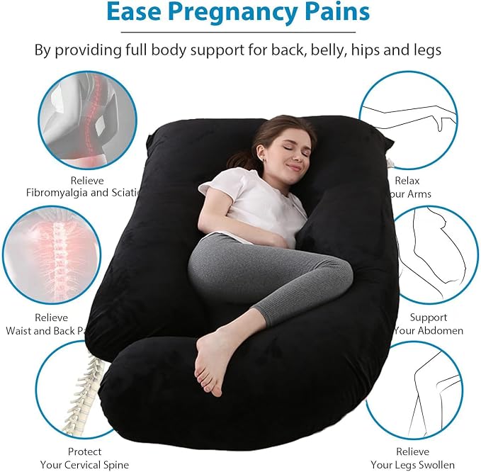 Jcickt Pregnancy Pillow for Sleeping,59 inch Maternity Pillow with Removable Washable Cover,J-Shaped Velvet Full Body Pregnant Pillow -Support for Backs,Legs, Belly, HIPS, Improve Sleep-Black
