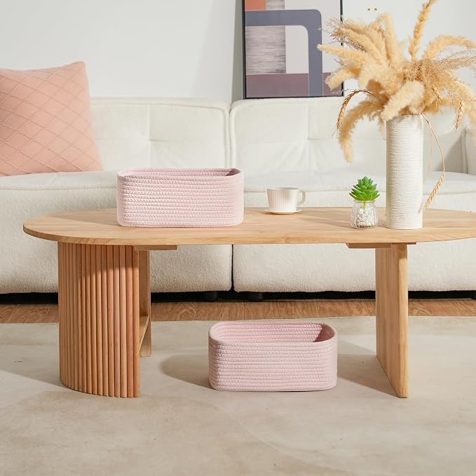 3 Pack Small Storage Baskets for Organizing, 11.8×7.8×5.1", Mixed Pink | Woven Baskets for shelves, Cotton Rope Basket for Gifts Empty, Closet Organizer Bins with Handles, Cube Decorative Box