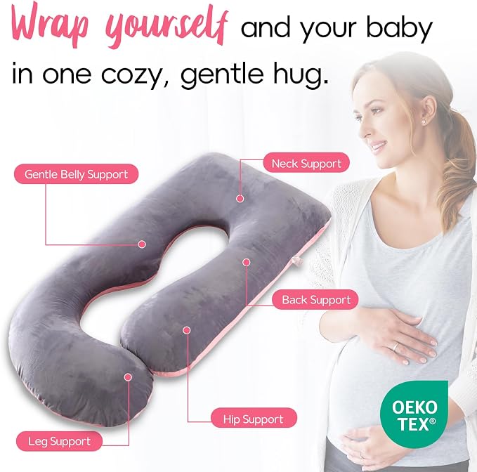 Pregnancy Pillow for Sleeping, Soft 57“ Full Body Maternity Pillow, U Shaped with Removable Washable Cover, Support for Back, Belly, Leg, Hip, Neck & Shoulder (Pink & Grey)