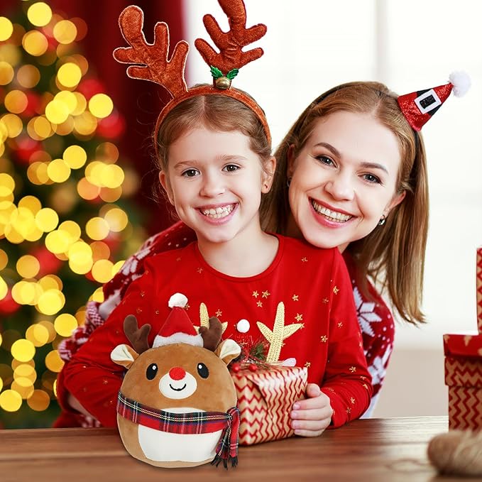 Stuffed Animal with Christmas Hat, The Red Nosed Reindeer Plush, Cute Plushies for Kids Christmas Decorations and Gifts (Reindeer)