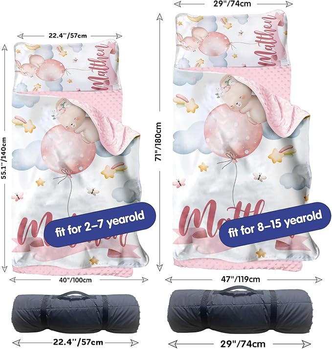 Personalized Toddler Nap Mat for Girls – Custom Name Kids Nap Mat – Daycare Sleeping Mats with Removable Pillow and Soft Minky Dot Blanket for Preschool, Travel, Kindergarten