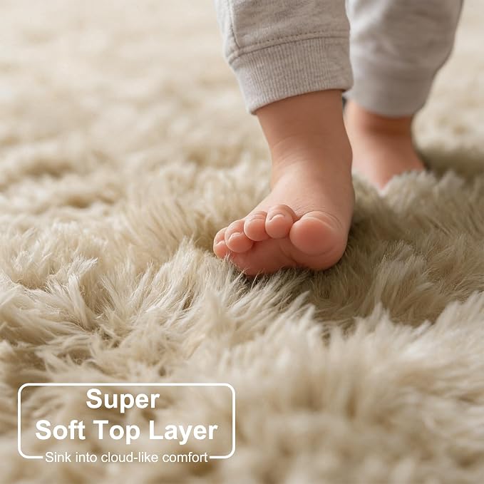 Amdrebio Beige Round Area Rug 6Ft for Living Room Bedroom, Fluffy Plush Shag Furry Circle Rugs for Kids Room Decor Aesthetic, Fuzzy Tan Neutral Circular Carpet for Baby Nursery Classroom Teens Dorm