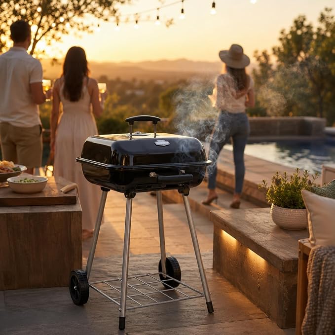 17.5 Inch Square Charcoal Grill with Wheels, Portable Outdoor BBQ Kettle Grill for Patio and Backyard Cooking, Porcelain-Coated Steel Grates and Adjustable Dampers, 302 Sq In Cooking Area, Black