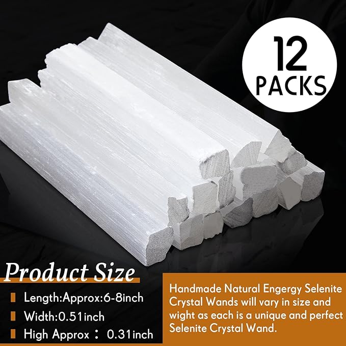 Tessco for you 12 Pieces 6 to 8 Inches Selenite Crystal Wands Selenite Sticks White Crystals and Healing Stones Spiritual Long Healing Crystals Stick for Reiki Metaphysical Energy Witchcraft
