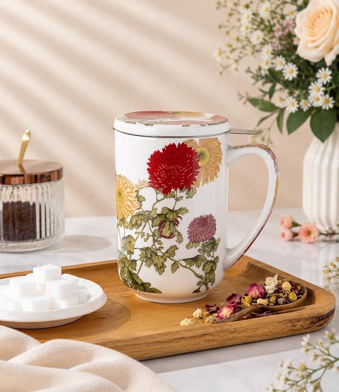 AmorArc Porcelain Tea Mug with Infuser and Lids, 18 Oz Coffee Cup Strainer with Bag Holder for Loose Leaf Tea, Steeping Coffee Mug for House-warming Wedding Birthday Gift