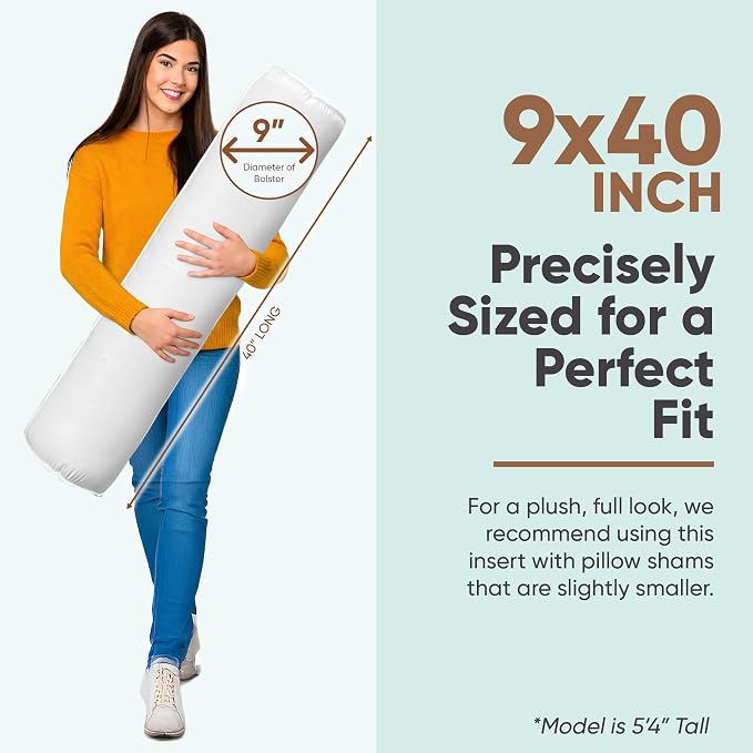 Pillowflex Bolster Pillow (9x40) - Round Roll Pillow Bolster Insert, Plush Polyester-Filled Insert for Decorative Shams, Odorless, Lint and Dust-Free Polyester Filling, No Lumps - (White)