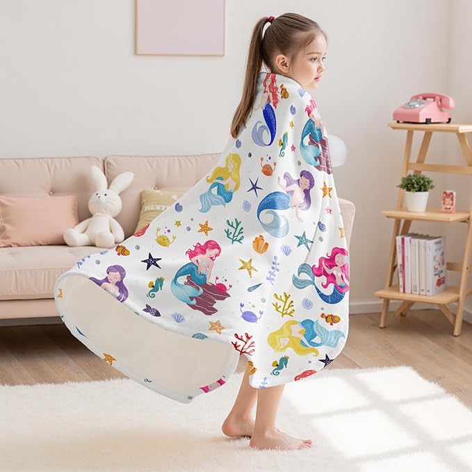 Wajade Kids Mermaid Blanket for Girls Soft Fleece Blanket for Couch Sofa Bedroom Mermaid Marine Life Throw Blanket for Kids Teens 50"x60"