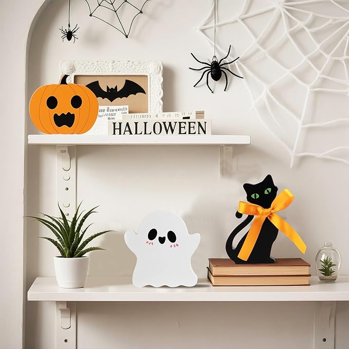 Cute Halloween Ghost Decor-Cute Halloween Tiered Tray Decorations Indoor, Ghost Wooden Decor Black Cat Pumpkin Blocks Signs (Set of 3) for Home Shelf Mantel Tabletop Windowsill Party