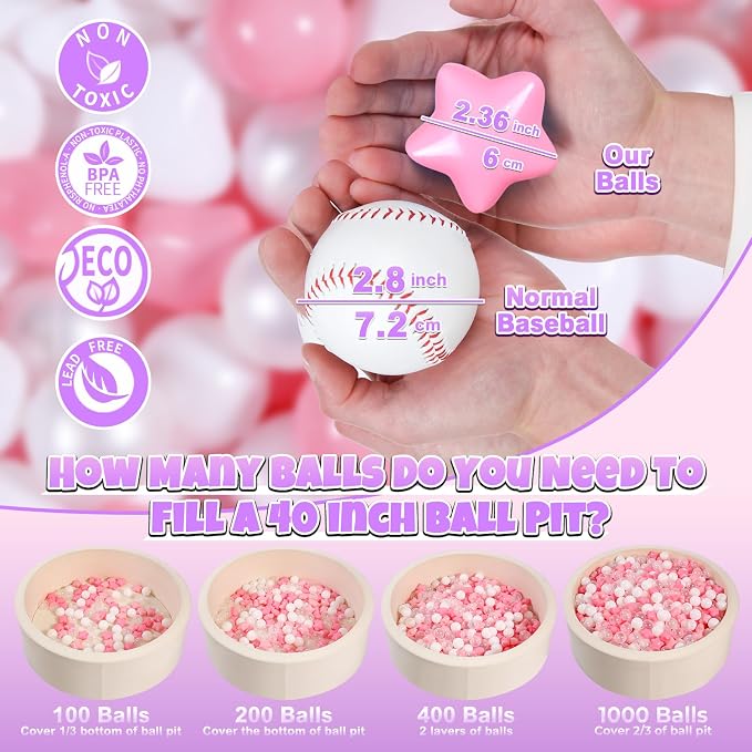 GOGOSO Pink Ball Pit Balls with Star Bals Heart Balls 100 - Crushproof Plasticballs for Babies Toddlers Kids Children for 1 2 3 4 5 Years Old,5 Colors,2.15inches