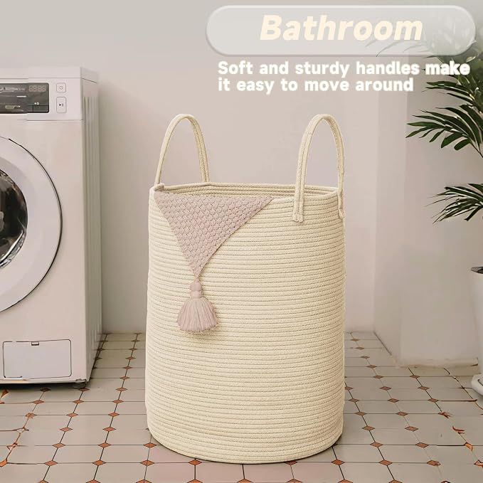 JMvicyroam 60L Cotton Rope Laundry Basket Hamper, Beige | Collapsible laundry basket, reinforced handles, freestanding, machine washable, holds 3-5 thick blankets, clothes or toys
