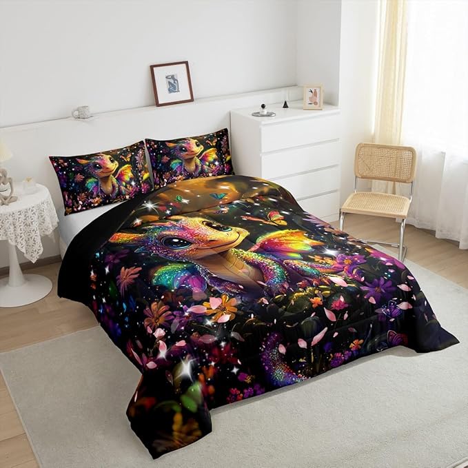 Feelyou Dragon Comforter Set Twin Size Dragon Stuff Comforter for Boys Girls Teens Shiny Flower Bedding Set Dragon Decor Duvet Set Room Decor Carbon Black Quilt Set