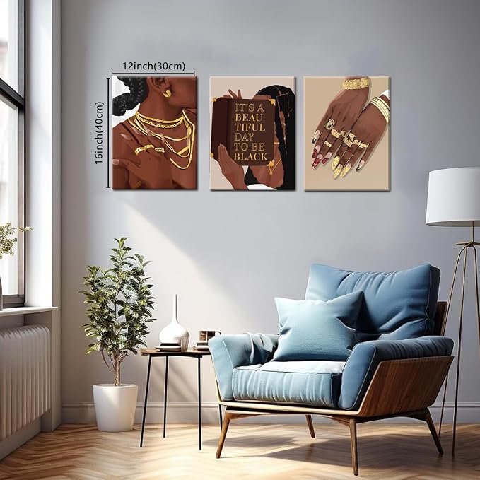 Marllifenney 3 Pcs Black Woman Wall Art Framed Black Girl Posters Abstract African American Canvas Prints Black Women Painting Decor Modern Boho Female Pictures for Bedroom Living Room Office 16x24in