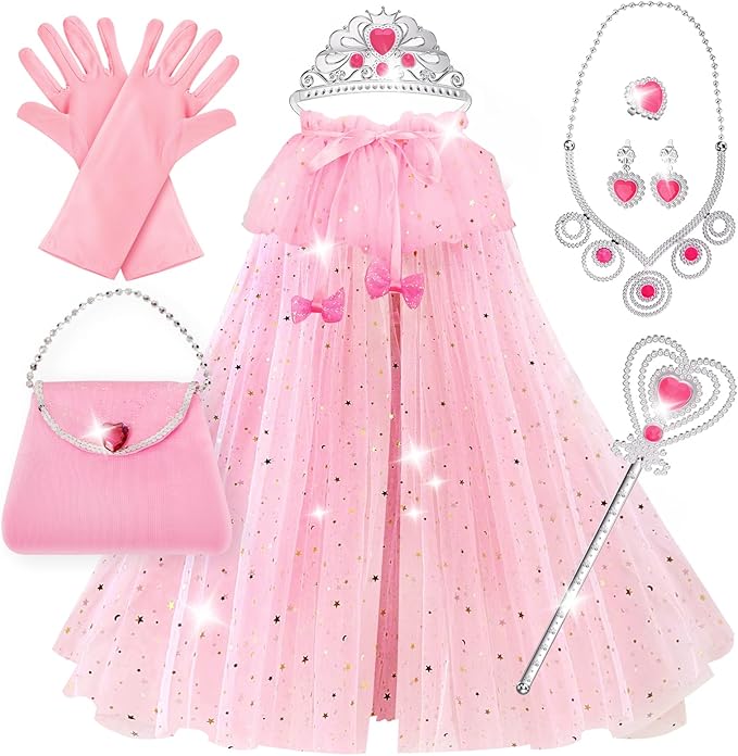 Princess Dress Up Clothes for Little Girls, 10 Pcs Toddler Dress Up Toys, Princess Cape with Crown, Wand, Jewelry, Princess Play Toys Gifts for 3 4 5 6 Year Old Girls(Pink)