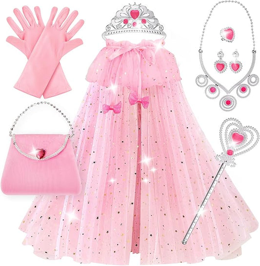Princess Dress Up Clothes for Little Girls, 10 Pcs Toddler Dress Up Toys, Princess Cape with Crown, Wand, Jewelry, Princess Play Toys Gifts for 3 4 5 6 Year Old Girls(Pink)