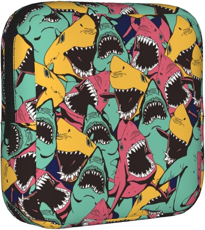 Cartoon Angry Shark Biting Period Bag For Women,Portable Sanitary Napkin Period Pad Pouch For Purse, Small Make Up Bags