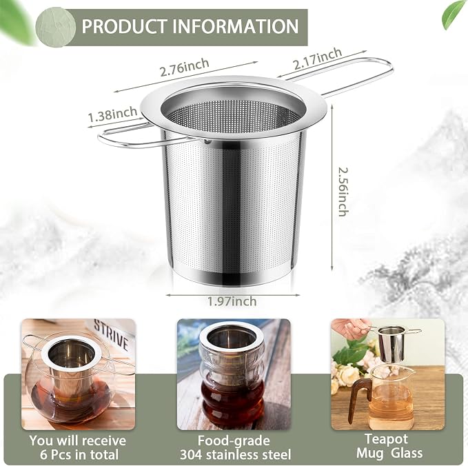 Hoolerry 6 Pcs Tea Strainer, Stainless Steel Tea Infuser Hanging on Teapots Mugs Cups to Steep, Tea Infusers for Loose Tea, Fine Mesh Filters Tea Diffuser Long Handled for Loose Tea Brewing Experience