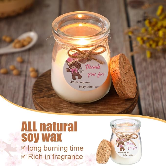 Threlaco 20 Pcs Bear Baby Shower Favors Party Candle Lavender Scented Glass Mason Jar Wax Candle Bulk for Guests Girl Boy Gender Reveal Party Gifts(Pink)