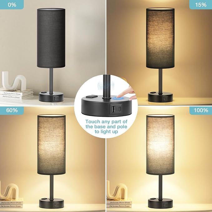 Fenmzee Black Bedside Lamp for Bedroom, Dimmable Touch, USB A+C, AC Outlet | 3-Way Dimmable, LED Bulb Included, USB C+A Charging Ports, Black Fabric Lampshade, Metal Base, 14in Small Table Lamp