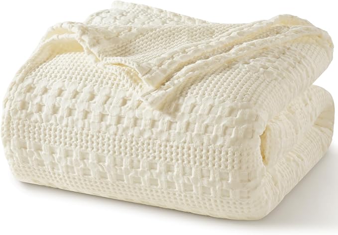 PHF 100% Cotton Waffle Weave Blanket Queen Size, Lightweight Breathable Summer Blanket for Hot Sleepers, Pre-Washed Soft Layer for Bed, Couch, Aesthetic Home Decor & Gift, 90"x90", Cannoli Cream