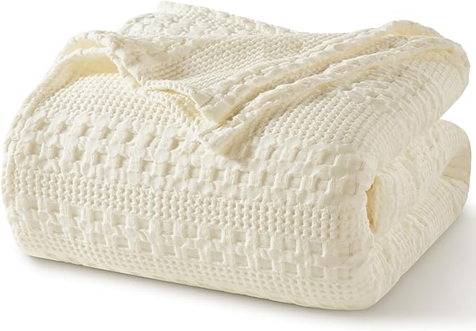 PHF 100% Cotton Waffle Weave Blanket King Size, Lightweight Breathable Summer Blanket for Hot Sleepers, Pre-Washed Soft Layer for Bed, Couch, Home Decor Gift, 108"x90", Cannoli Cream