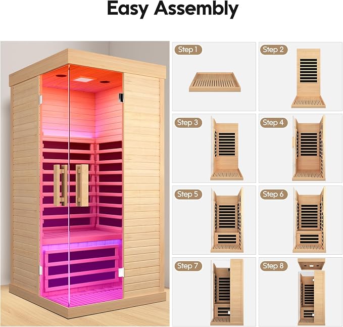 OUTEXER Sauna Room Indoor Far Infrared Saunas Home Canadian Hemlock 1450W Low-EMF Dry Saunas Single Person Spa with 7 Color Therapy 35.4 * 35.4 * 70.9inch