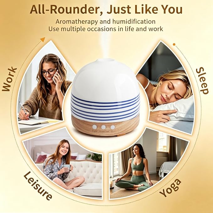 300ML Essential Oil Diffuser, Handcrafted Ceramic Aromatherapy Diffusers for Large Home with Cool Mist Humidifier & Night Light for Bedroom, Office, Yoga, Spa Women Gifts,Blue Stripe