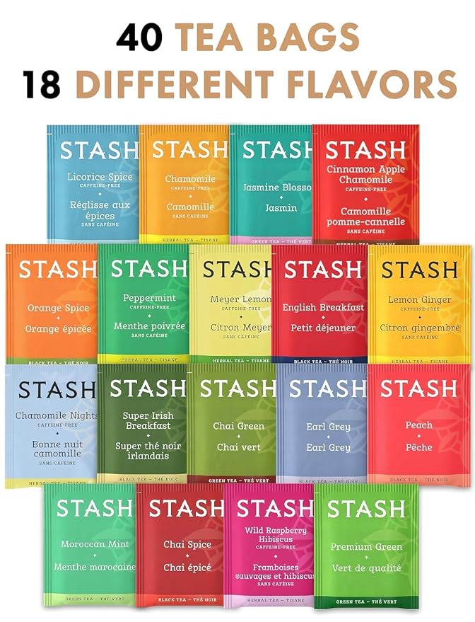 Stash Tea Bags Sampler Assortment Variety Pack 40 Tea Bags in Handmade Cotton Pouch | 18 Assorted Flavors Black Green Herbal Fruit Tea for Mom Dad Wife Husband Tea Lovers