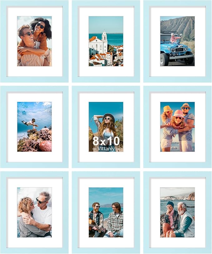 Vittanly 8x10 Picture Frames Set of 9 for Wall Mount & Tabletop, Light Blue | Display Pictures 5x7 with Mat or 8x10 without Mat, Small Photo Frames, Engineered Wood with Shatter Resistant Plexiglass