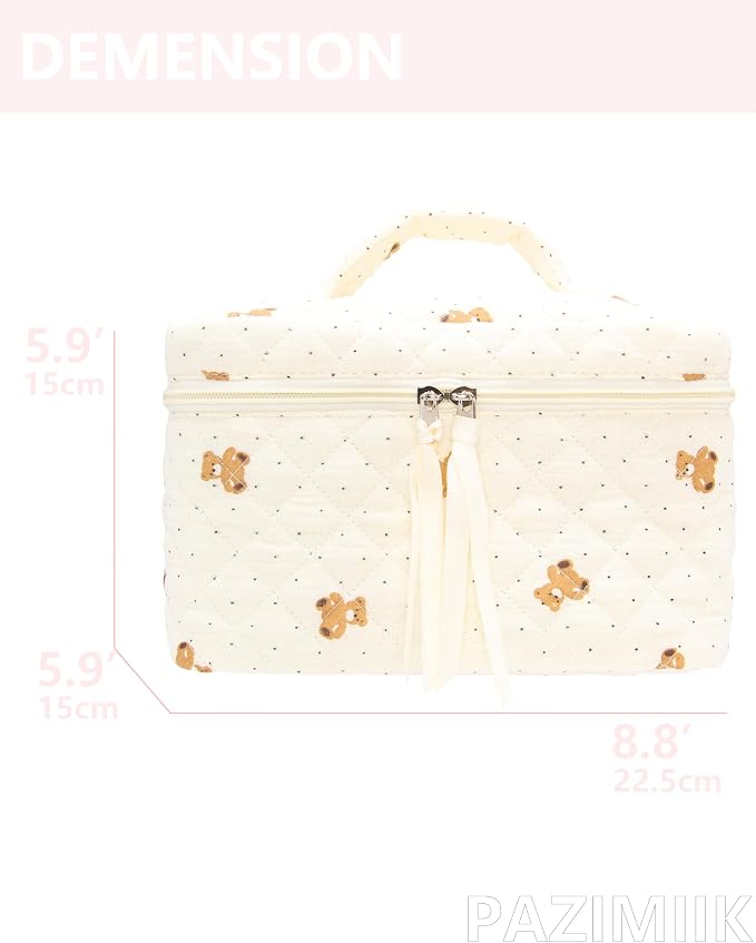 PAZIMIIK Quilted Makeup Bag Large Travel Zipper Soft Cosmetic Case for Women Girls Make Up,Gauze Bear