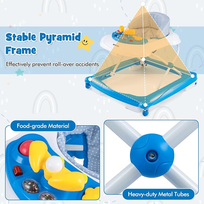 HONEY JOY Baby Walker, 5 in 1 Infant Activity Walker with Wheels, Music, Removable Cushion, Toddler Foldable Push Walker for Boys Girls, Anti-Rollover Walkers for Babies 7-14 Months (Blue)