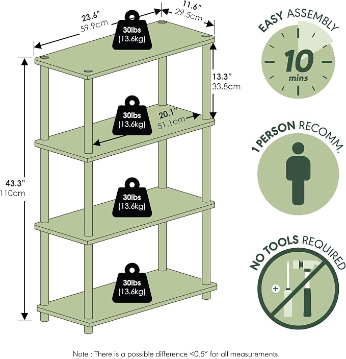 Furinno Turn-N-Tube Storage Shelves, 4-Tier Toolless Book Shelf, Corner Shelf, Open Shelves, for Organization and Storage, Living Room, Garage, Home Office, Walnut