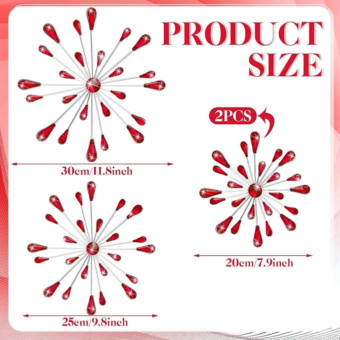 Hicarer 4 Pcs Starburst Wall Decor Bling Wall Art Crystal Teardrop 3D Hanging Rhinestone Radial Metal Artwork Modern Accent Sculptures Decorations for Living Room Home Office Bedroom (Red)