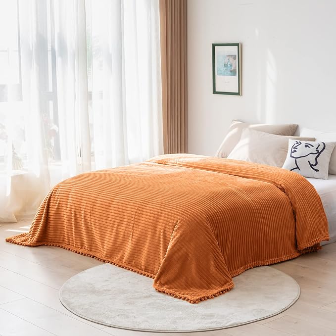 DISSA Fleece Blanket Twin Size – 60x80, Orange – Soft, Plush, Fluffy, Fuzzy, Warm, Cozy – Perfect Throw for Couch, Bed, Sofa - with Pompom Fringe - Flannel Blanket Throw Blanket