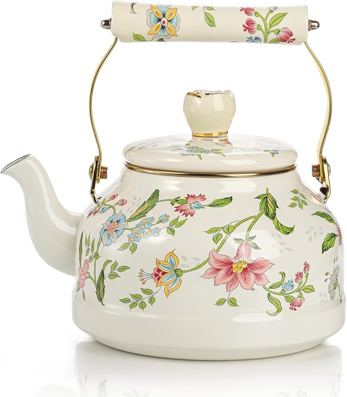 Jucoan 2.6 Quart Vintage Enamel Tea Kettle, Green Floral Stovetop Water Kettle Teapot with Porcelain Handle for Home Kitchen Camping Tea Party, Gift for Bridal Shower Wedding Housewarming Mother's Day