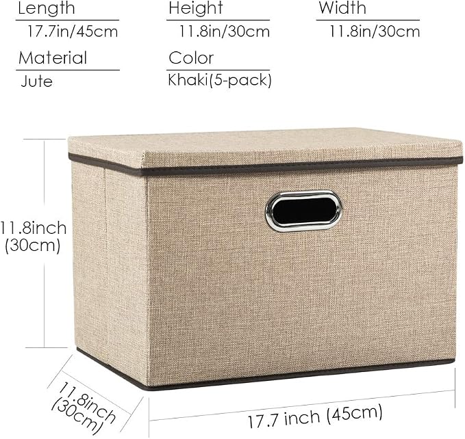 Large Collapsible Storage Baskets with Lids [5-Pack] Jute Fabric Foldable Storage Bins Boxes Organizer Containers Cube with Cover for Home Bedroom Closet Office Nursery (17.7x11.8x11.8)