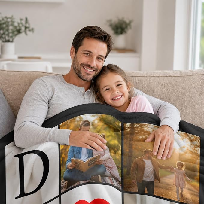 Fathers Day Birthday Gift for Dad Custom Blanket with 6 Photo & Text, Personalized Blankets with Picture to My Dad, HD Printing Customized Flannel Throw Blanket Gifts for Best Daddy Grandpa Ever