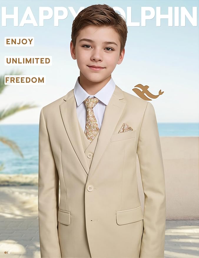 Happy Dolphin Boys Suit Set Modern Fit Kids Suits Adjustable Waist Boys Wedding Outfit for Boy Communion Suits for Boys