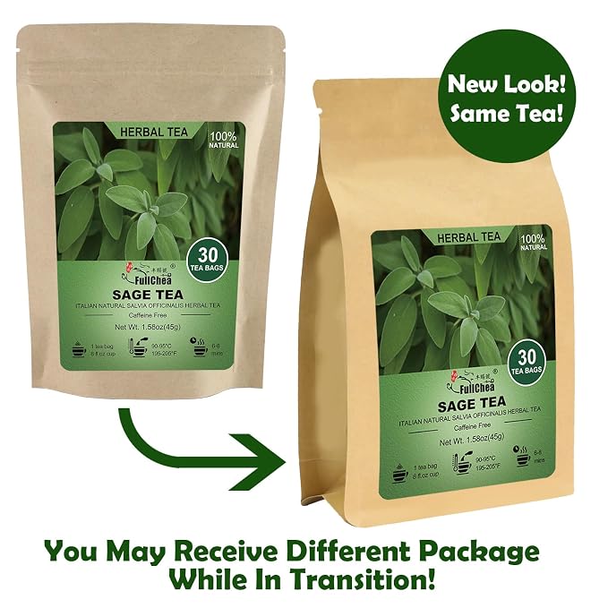 FullChea - Sage Tea Bags - 30 Count X 1.5g - Premium Natural Cut & Sifted Sage Leaf - Non-GMO - Caffeine-free - Rich in Antioxidants & Respiratory Support