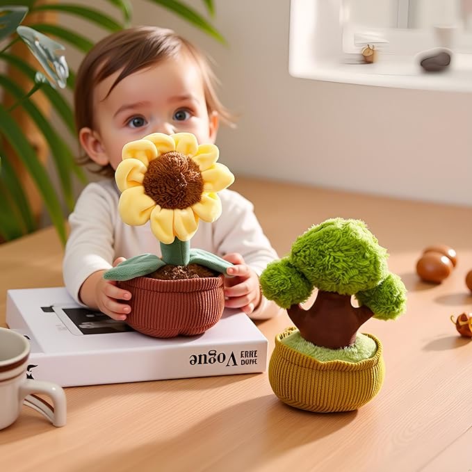 Ryttir 10" Vogue-Desk Botanical Plush Set,Flower Pillow & Evergreen Tree Stuffed Animal in Fabric Pots - Realistic Stuffed Sunflower + Plant Plush Home Decor