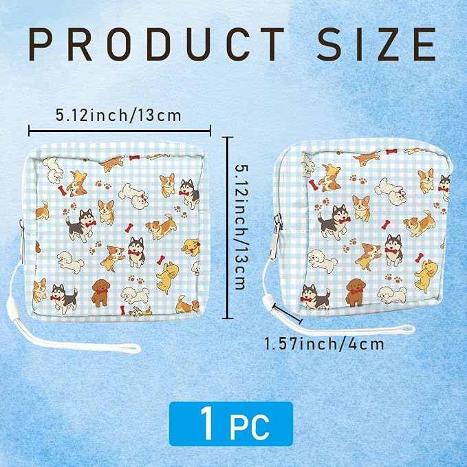 Dog Period Pouch Bags 5.12 x 5.12 x 1.57 Inch Sanitary Napkin Storage Bag with Zipper Cute Portable Reusable Waterproof Polyester Menstrual Pad Pouch First Period Gifts for Women Daily Use