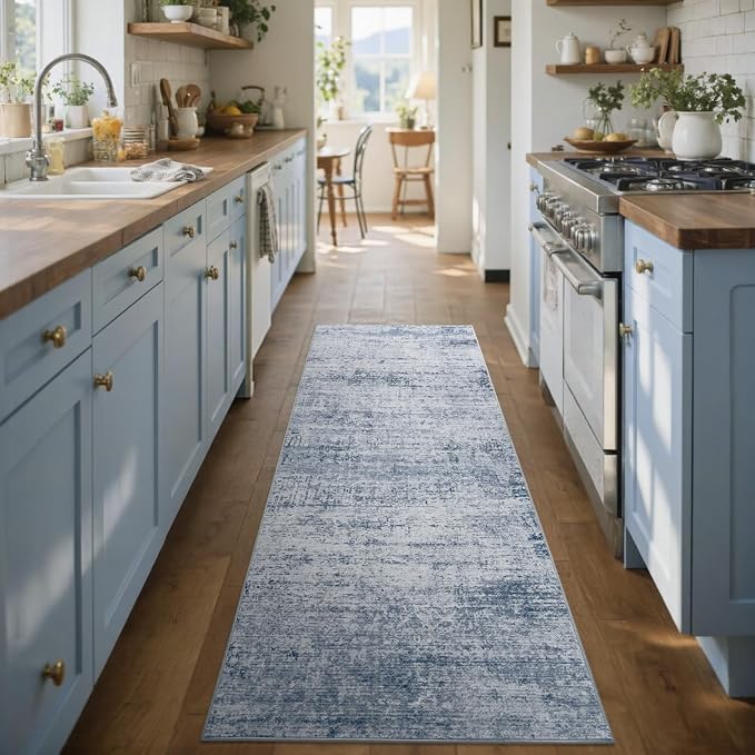 2x6 Ft Washable Runner Rug, Non-Slip Low Pile Hallway Kitchen Area Rug, Soft Abstract Long Entryway Floor Mat Print Pattern Carpet for Bedside & High-Traffic Areas (Blue)