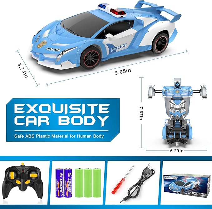 Remote Control Car - Transforming Toy Car Robot, One-Button Deformation with Flashing Lights 2.4GHz 1:18 Scale Transforming Police Car with 360-Degree Rotation Toys for Boys and Girls