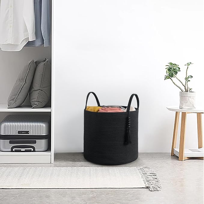 Mkono Woven Storage Basket for Blanket, Toys Plant Organizer, 16"W x 13.8"L | Black, Cotton, Decorative Basket with Handle, Wood Beads Tassel, Shoes Clothes Storage Bin, Living Room Bedroom Nursery