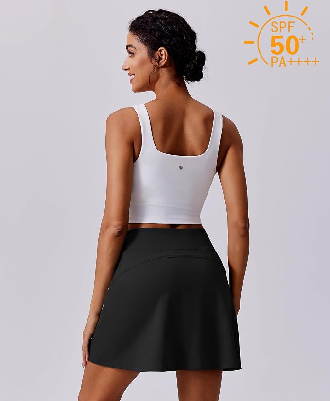PINSPARK 17" Golf Skorts for Woman High Waisted Tennis Skirt with 4 Pockets | Lightweight, Quick Dry, 4-Way Strecth, Breathable, Tummy Control, UPF 50+ Athletic Skort for Workout, Pickleball, Gym, Casual