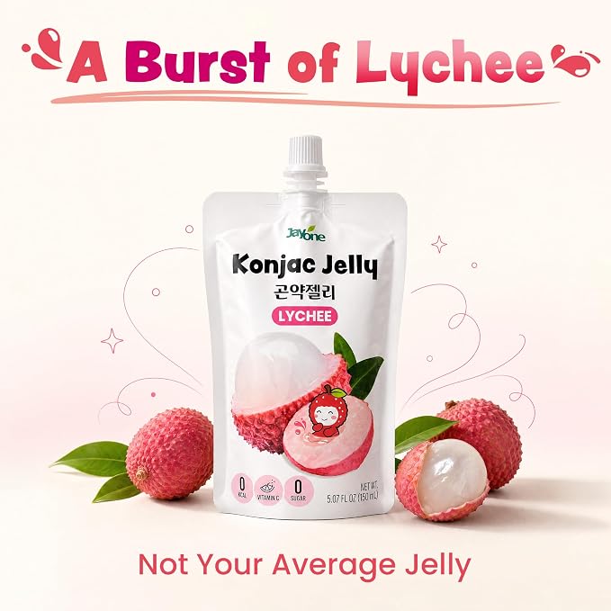 Jayone Drinkable Konjac Jelly Pouch - Lychee Flavor, 10 Pack, 5.07 fl oz Each - Zero Sugar, 0 Calories, 17% Vitamin C, Halal, Made in Korea