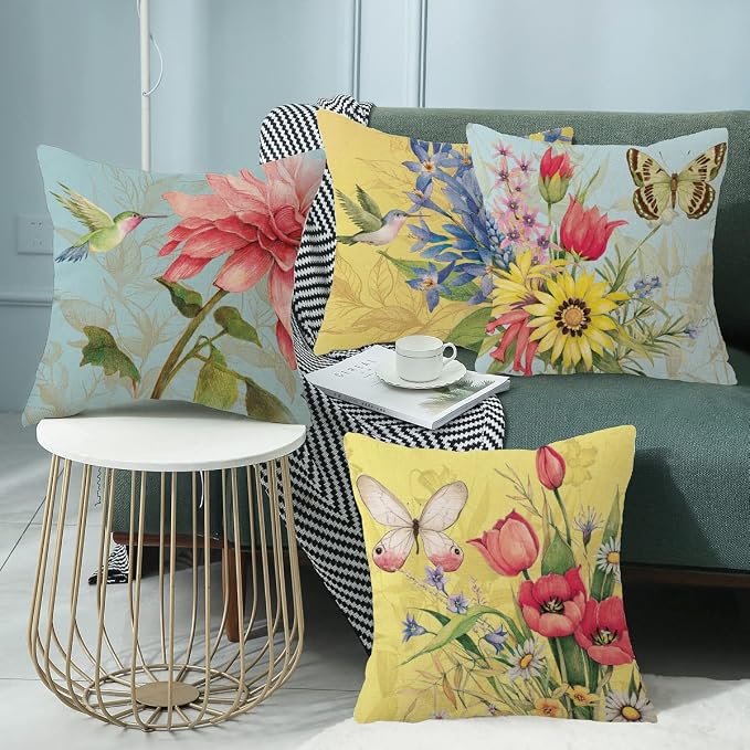 wyooxoo Spring Summer Pillow Covers 20x20 Set of 4 Decorative Throw Pillow Covers Linen Flower Butterfly Farmhouse Pillowcases for Sofa Couch Living Room Outdoor
