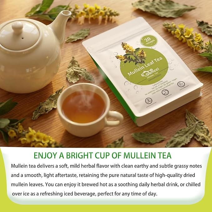 Samcci - Mullein Tea Bags, 20 Teabags, 3g/bag, 100% Pure Mullein Tea Bags for Lungs Cleanse, Natural Herbal Tea Bags, Caffeine Free & No Additives Mullein Leaf Tea for Detox & Respiratory Support