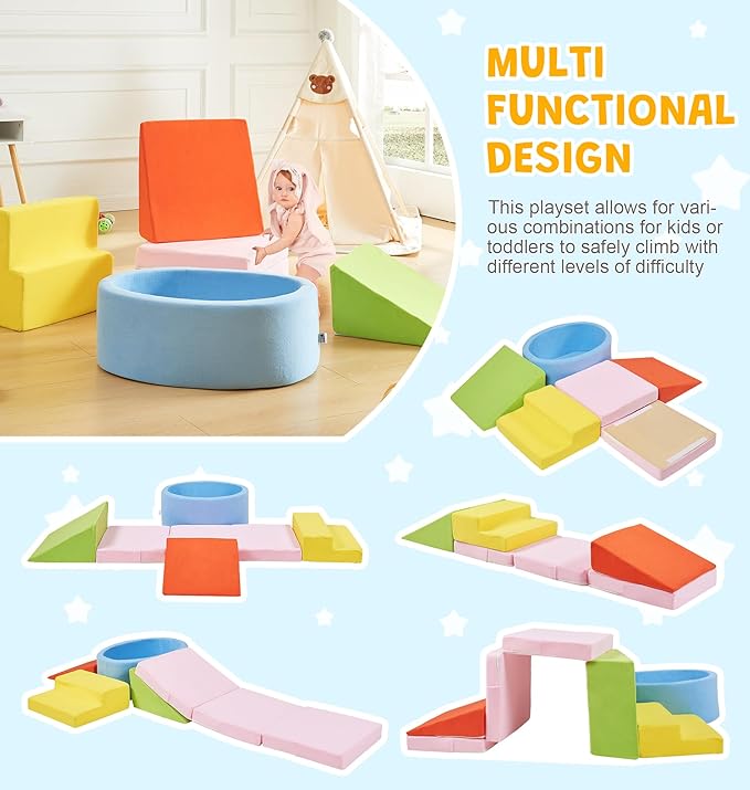 Elftopia Foam Climbing Blocks with Ball Pit & Stairs for Toddlers Aged 1-3 -Soft Playset for Indoor Crawling, Foam Playground Set for Baby to Active Playing Inside -(Balls NOT Included),Multicolored
