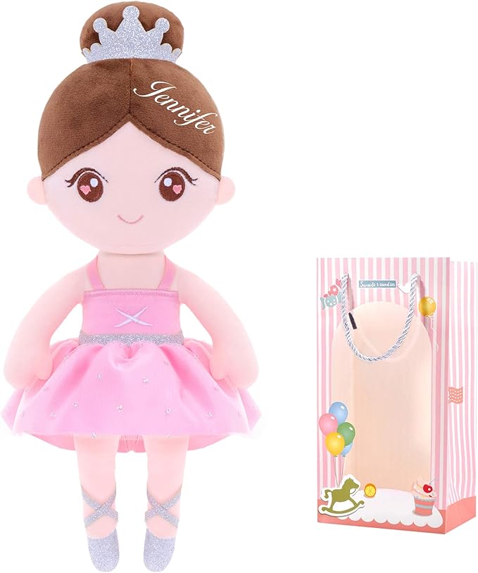 Gloveleya Personalized Baby Girl Doll with Gift Box – Custom Name Soft Plush Ballet Princess Toy, Light Pink Ballerina Doll, Perfect Birthday, Christmas for Kids 13 Inches