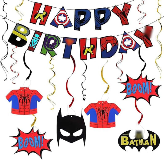 LINGTEER Superhero Decorations Set - Happy Birthday Bunting Banner Superhero Hanging Swirls Streamers Action Sign Perfect for Kids Birthday Party Decorations.